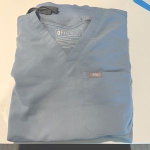 Dusty Blue FIGS Caterina scrub top and Zamora jogger scrub bottoms